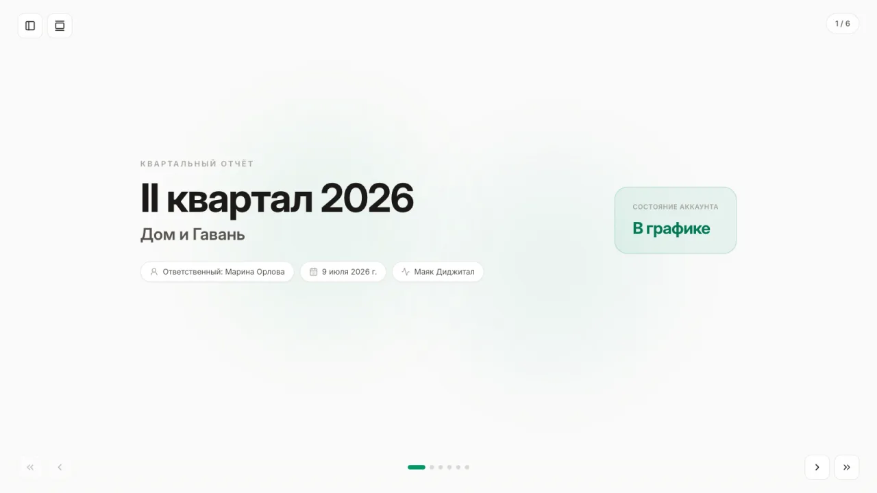 Квартальный отчёт по клиенту — Квартальный отчёт: сетка метрик, график, результаты и риски, план и оценка квартала от клиента.